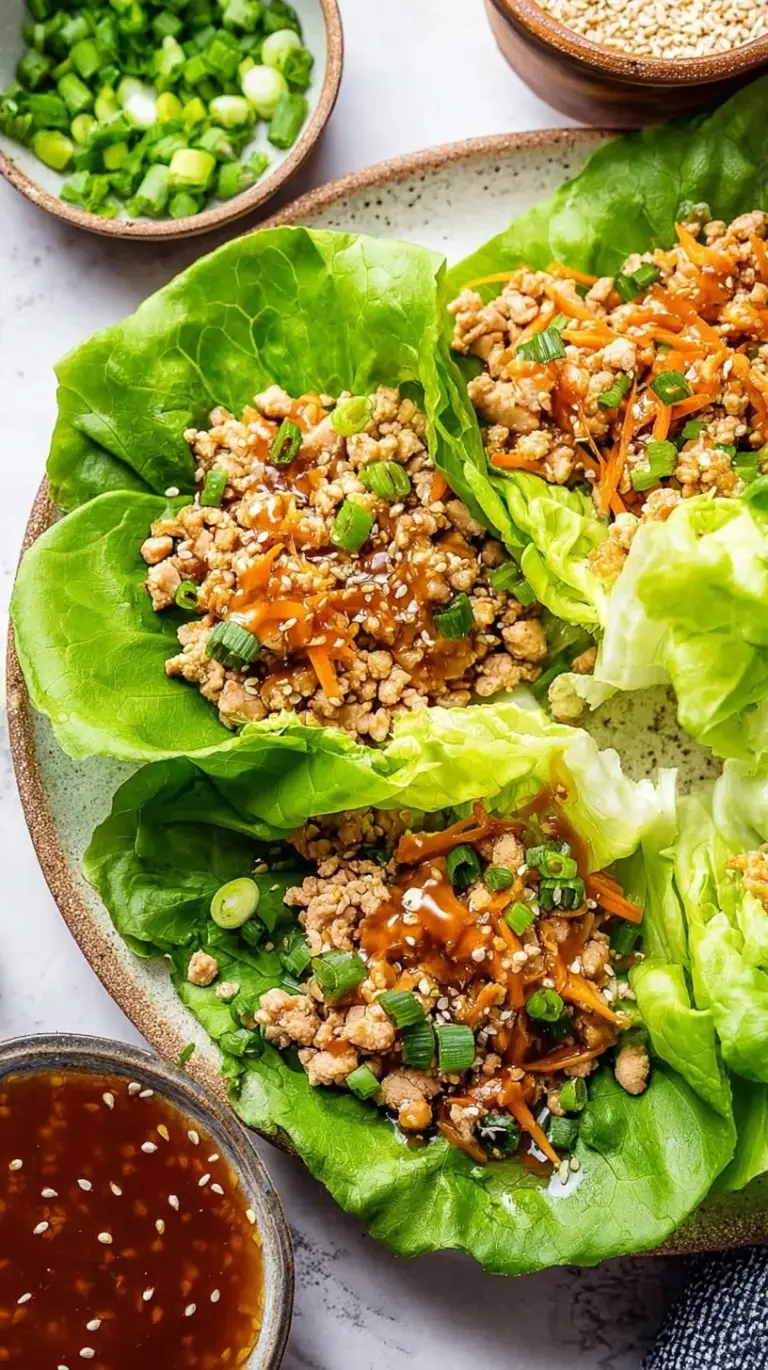 Savory ground chicken in fresh green butter lettuce leaves topped with green onions