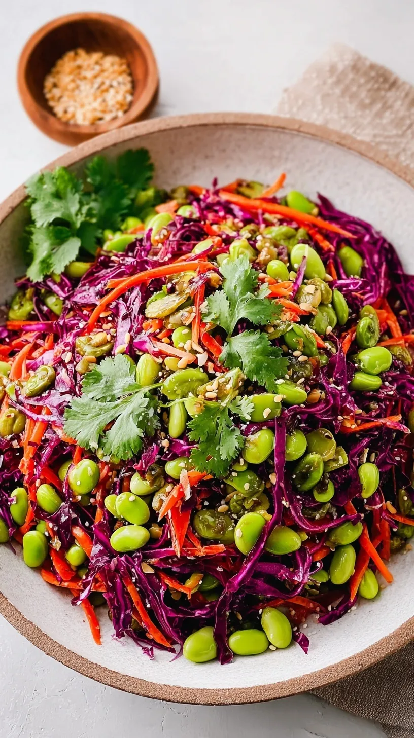 A vibrant bowl of Asian Edamame Salad with red peppers, carrots, and sesame seeds.