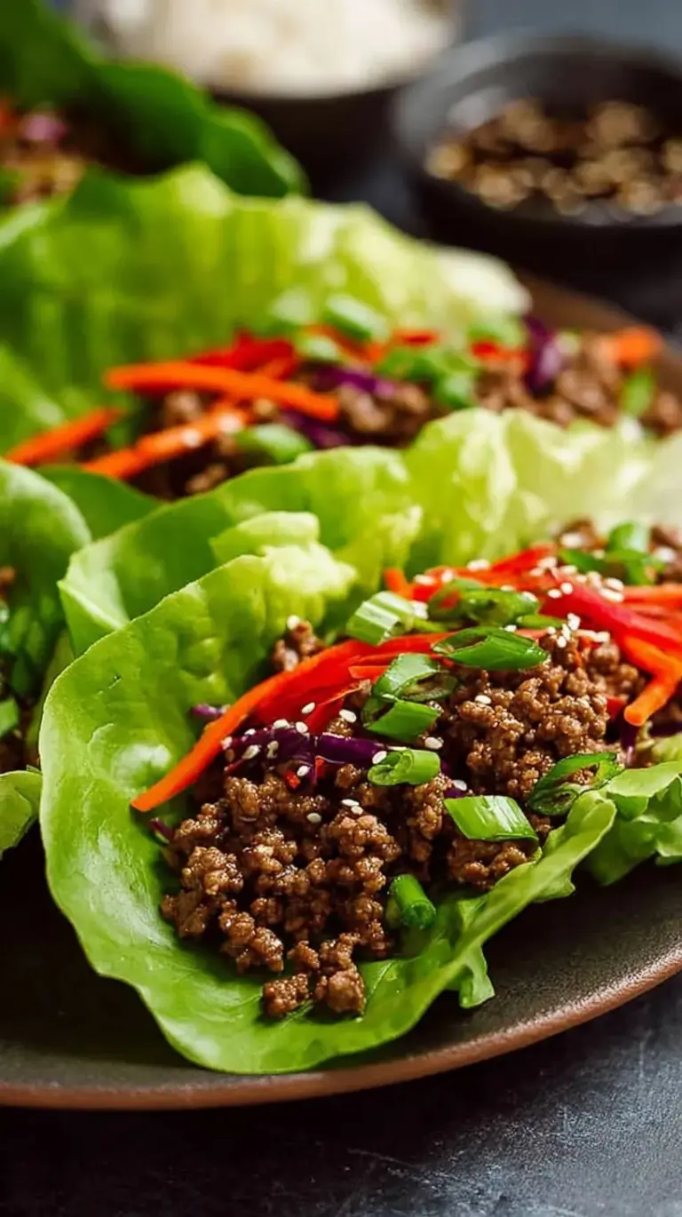 Savory Asian ground beef filling served in crisp butter lettuce cups with green onion garnish