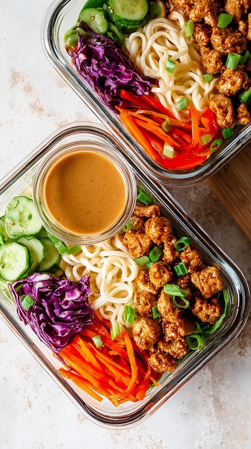 A vibrant Asian Noodle Bowl with rice noodles, julienned carrots, cucumber, and edamame in a glass meal prep container.
