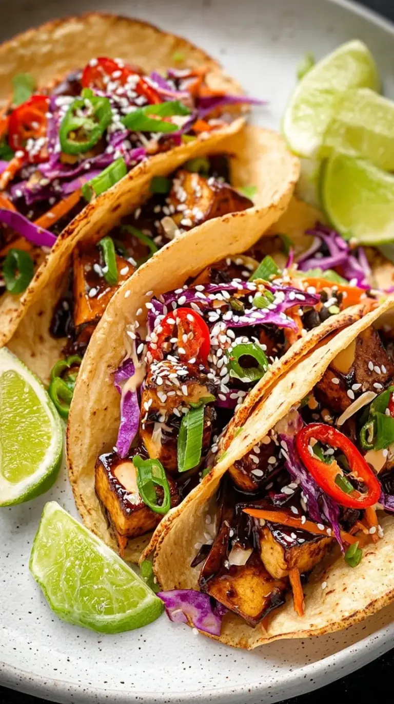 Crispy glazed tofu in corn tortillas with pickled vegetables and spicy mayo drizzle