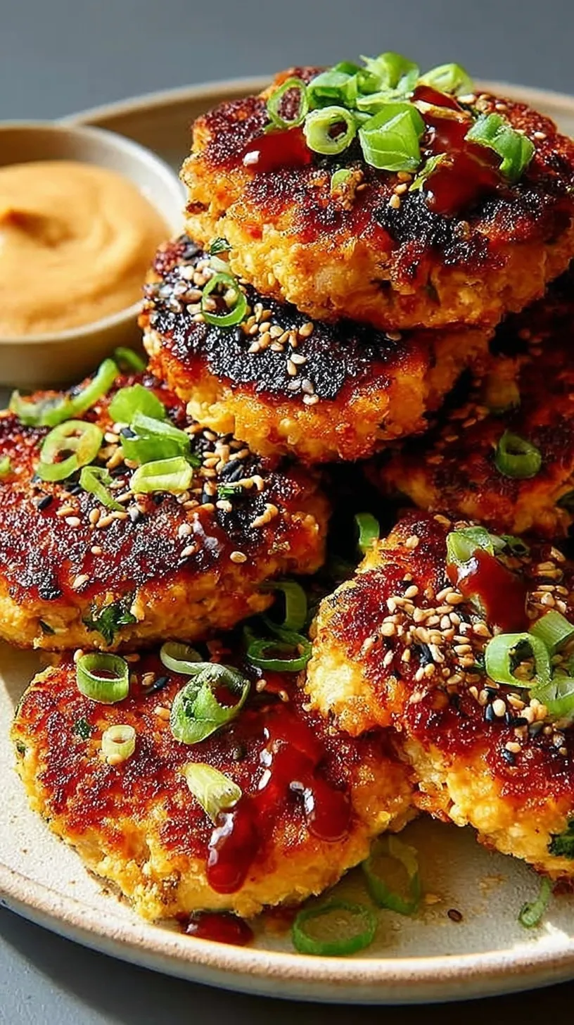 Golden brown pan-seared tuna cakes garnished with green onions on a white plate.