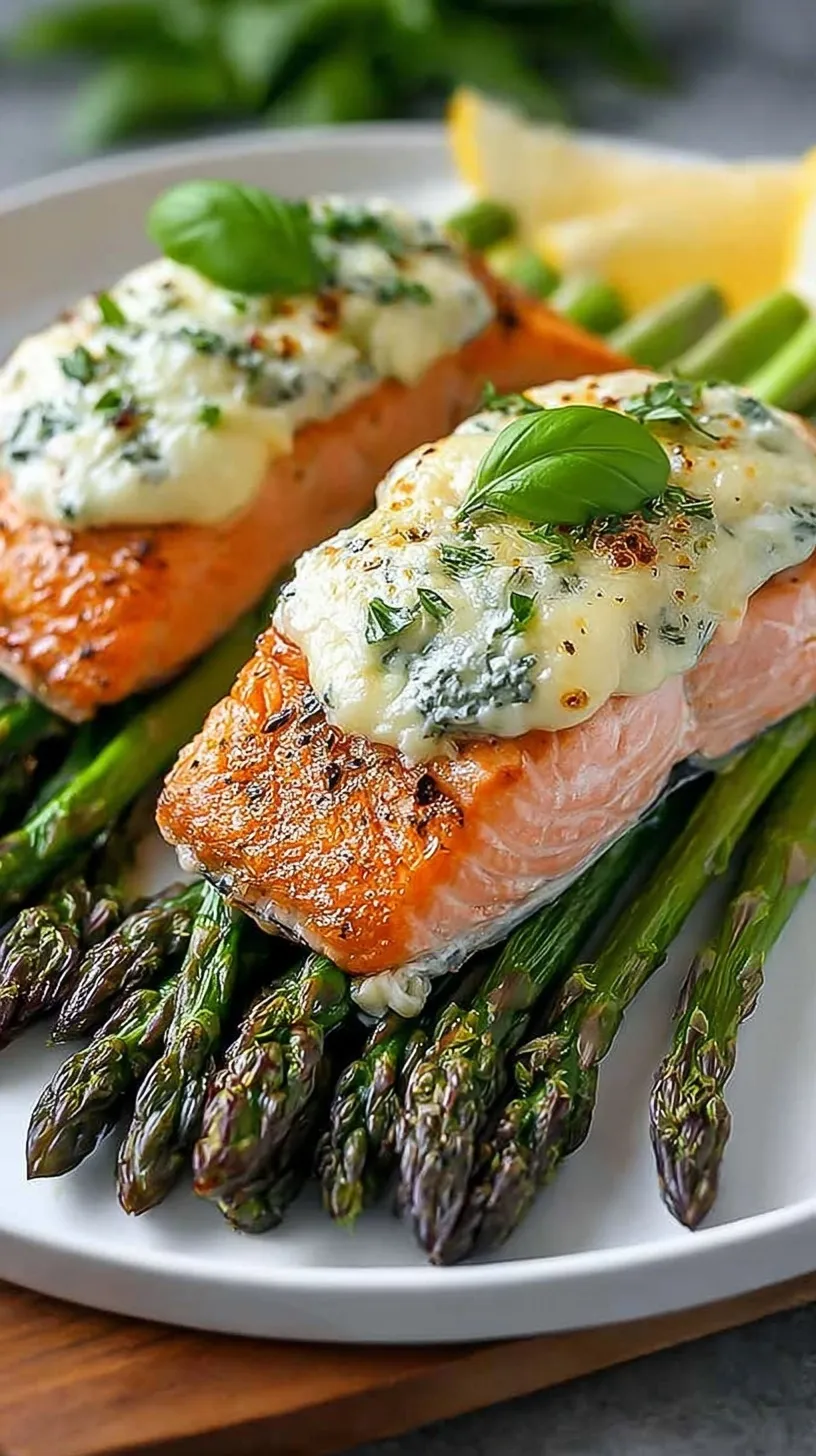 Baked salmon rolls filled with green asparagus spears and topped with fresh basil