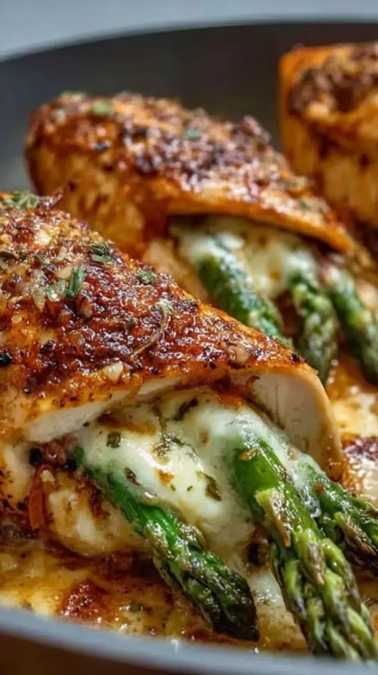Golden brown pan-seared chicken breast stuffed with green asparagus and melted provolone cheese