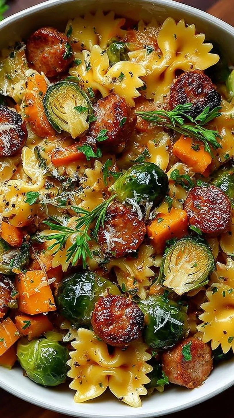 A bowl of orecchiette pasta with browned Italian sausage and caramelized Brussels sprouts topped with parmesan cheese
