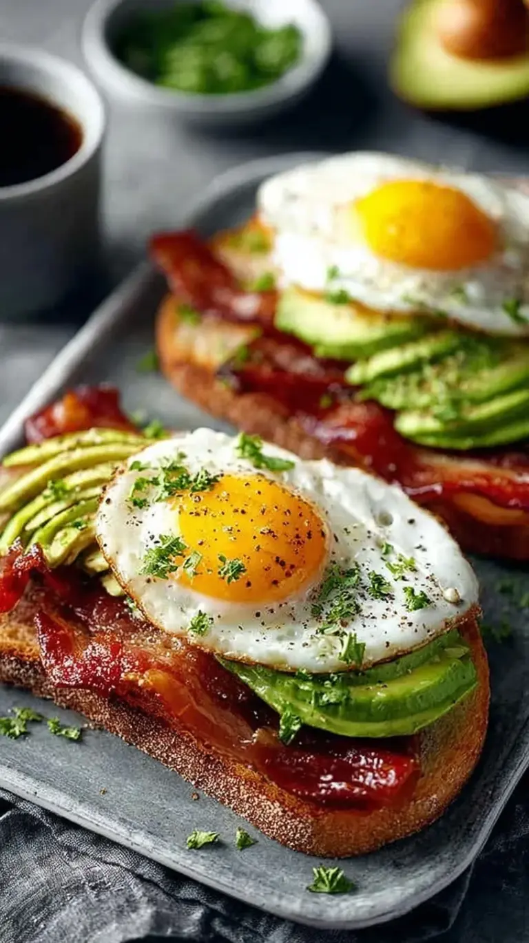 Close up of Avocado Bacon and Egg Toast with a runny fried egg and crispy bacon on sourdough bread.