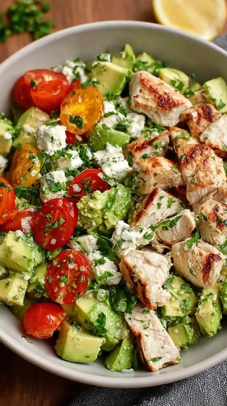 A bowl of creamy avocado chicken salad with red onions and cilantro