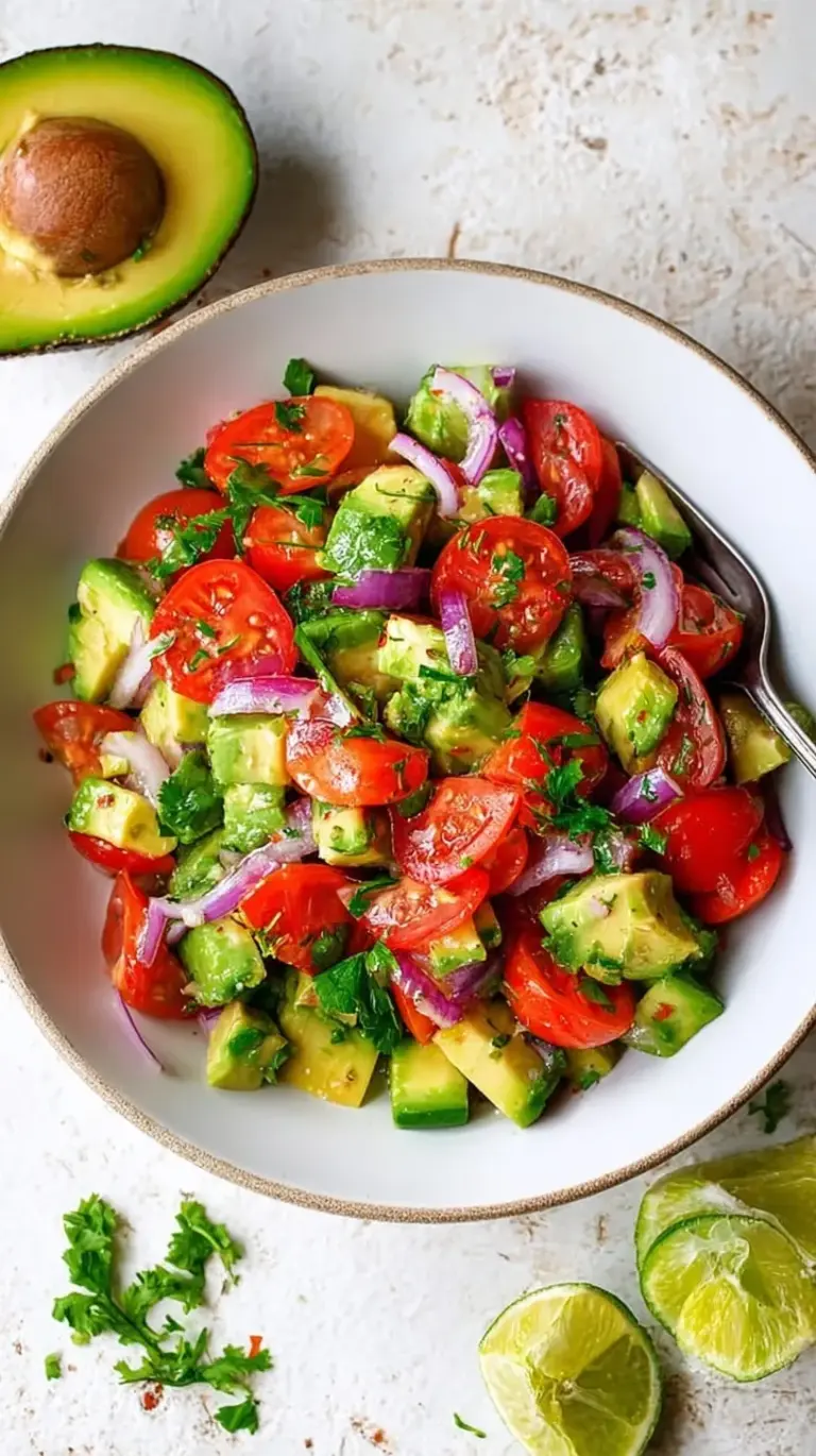 A vibrant glass bowl filled with cubed avocados, red onions, cherry tomatoes, and cucumbers tossed in a lime vinaigrette.