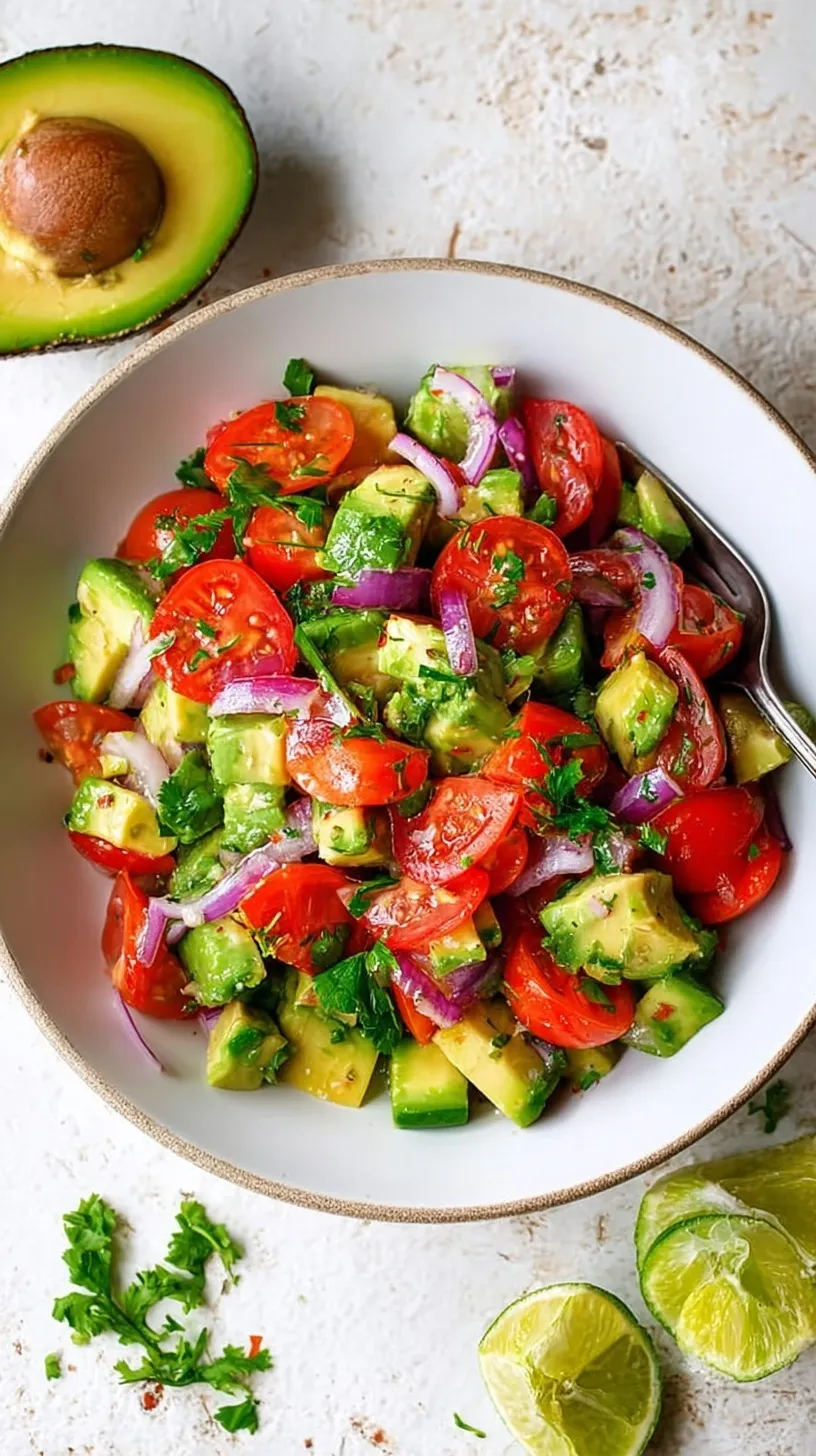 A vibrant glass bowl filled with cubed avocados, red onions, cherry tomatoes, and cucumbers tossed in a lime vinaigrette.