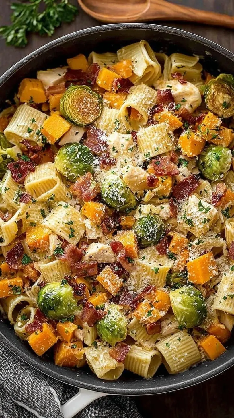 Large skillet of penne pasta with seared chicken cubes, crispy bacon bits, roasted butternut squash, and charred Brussels sprouts