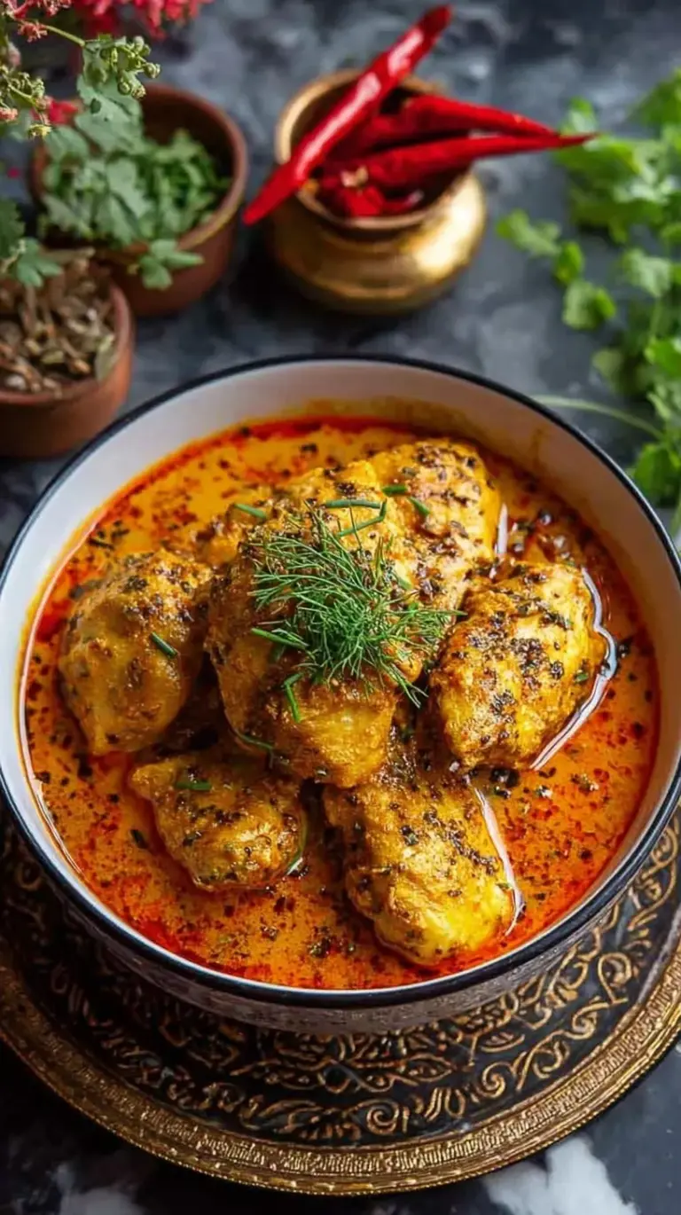 A bowl of rich, creamy Badami chicken curry garnished with golden fried onions and fresh cilantro.