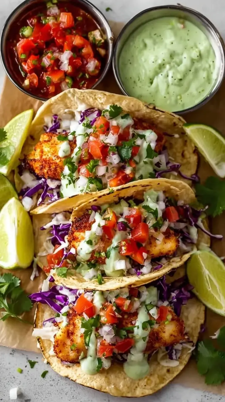 Close up of three crispy Baja Fish Tacos with white fish, shredded cabbage, and lime crema on corn tortillas.
