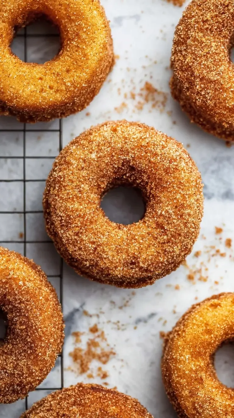 A stack of golden brown baked apple cider donuts coated in cinnamon sugar on a wire rack.