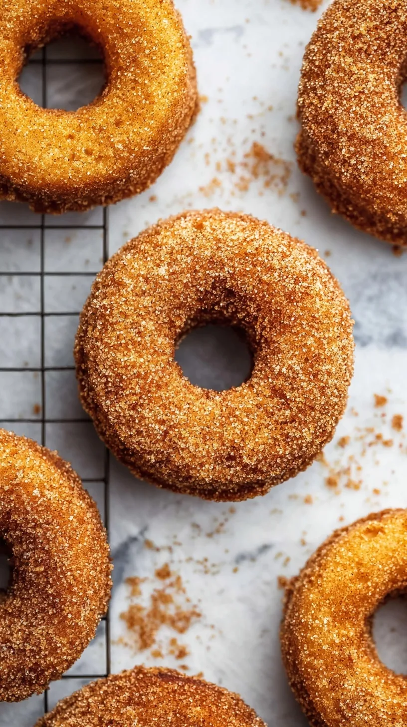 A stack of golden brown baked apple cider donuts coated in cinnamon sugar on a wire rack.