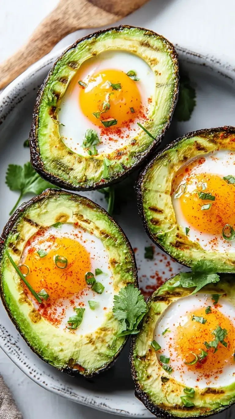 Two halved avocados with eggs baked inside, garnished with fresh chives on a white plate.