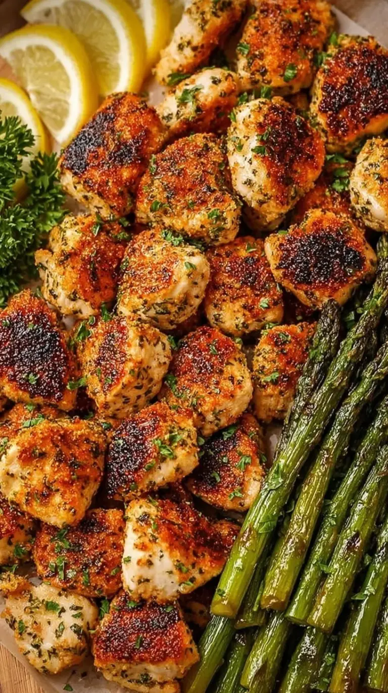 Golden brown crispy baked chicken bites served on a platter with dipping sauce