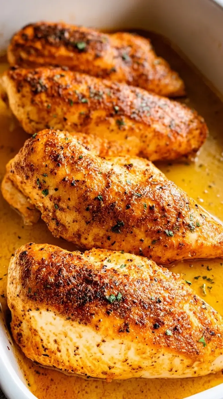 Golden brown seasoned baked chicken breasts resting in a glass baking dish