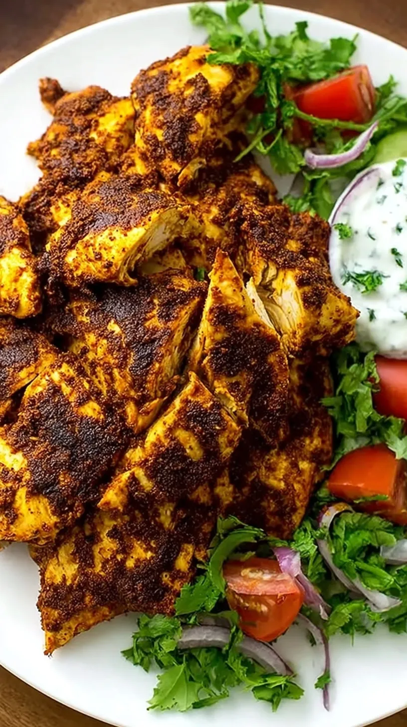 Sliced Baked Chicken Shawarma on a baking sheet with charred edges and a side of creamy garlic sauce