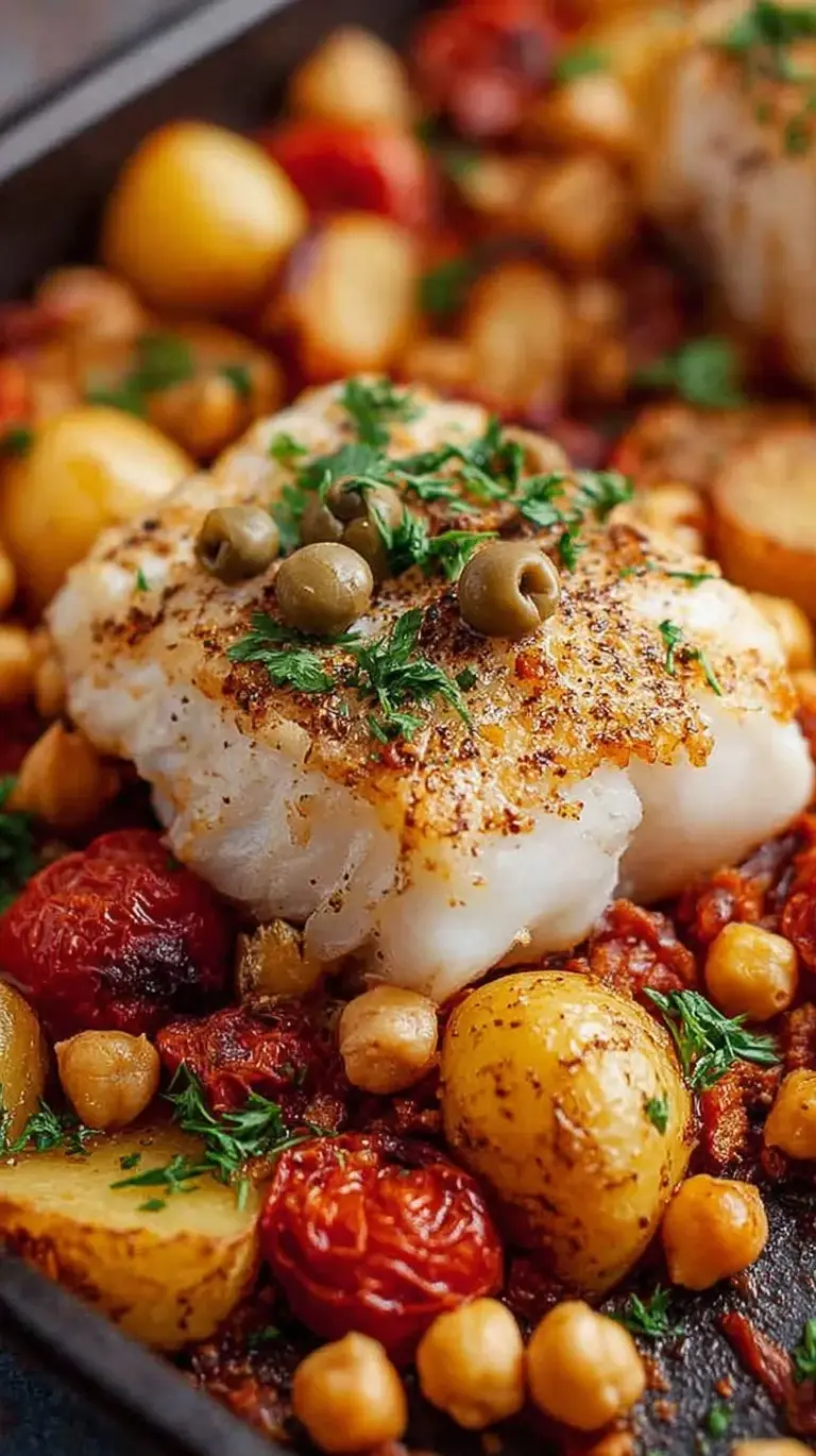 Flaky baked cod fillets topped with lemon slices on a pan with roasted potatoes and chickpeas