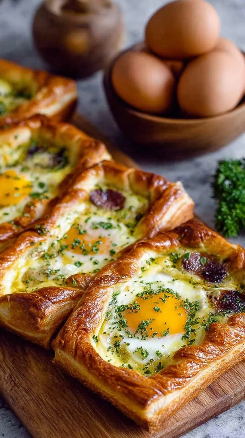 Golden brown baked egg boats filled with bacon, cheese, and chives on a baking sheet.