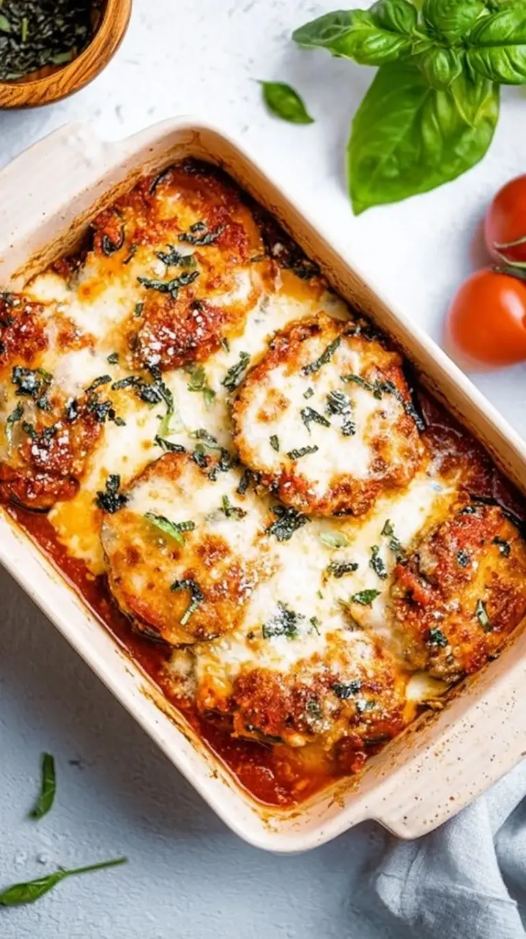 Golden brown crispy baked eggplant slices layered with red marinara sauce and melted white mozzarella cheese in a baking dish.