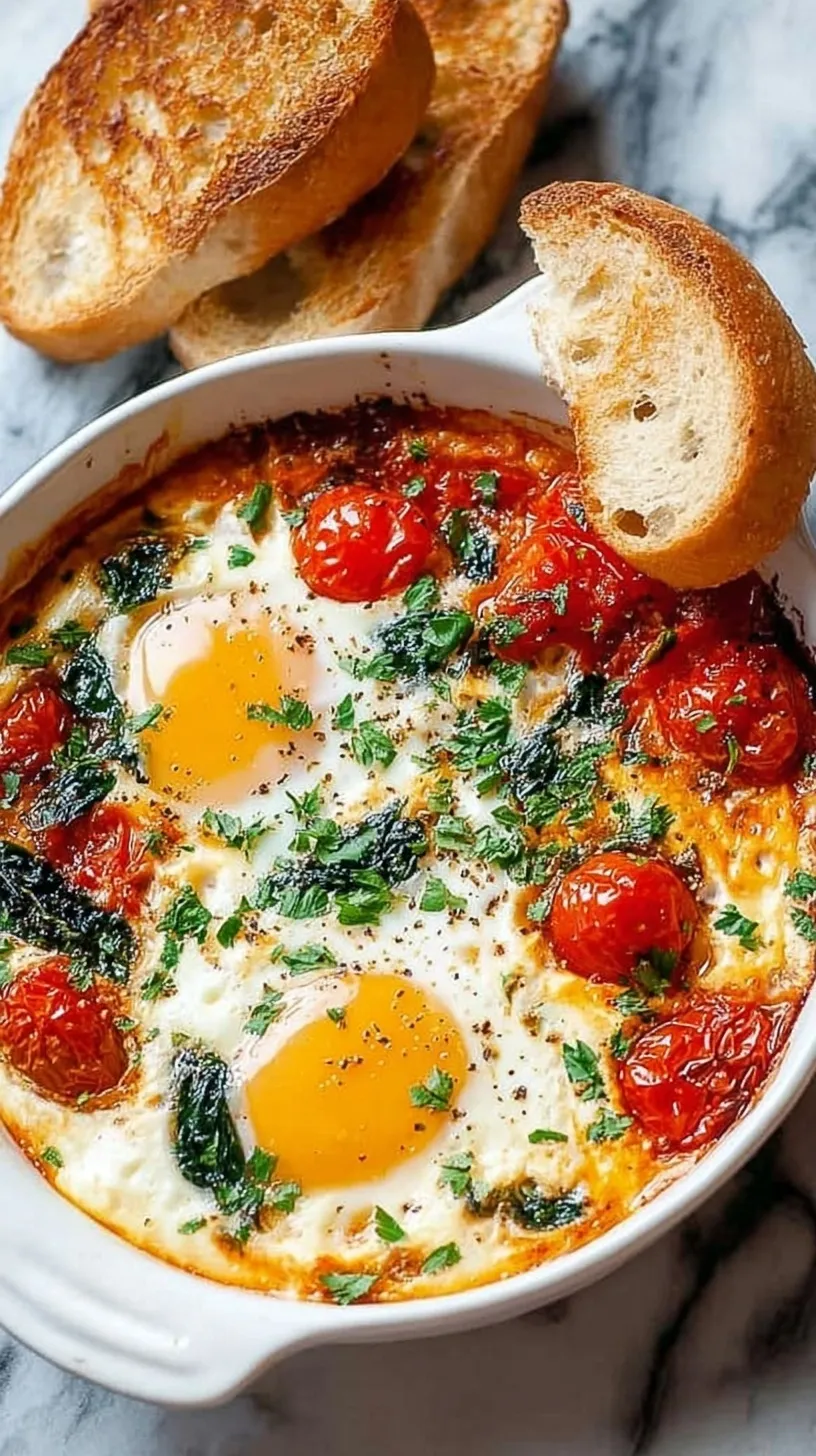 Skillet of baked feta eggs with blistered cherry tomatoes and wilted spinach