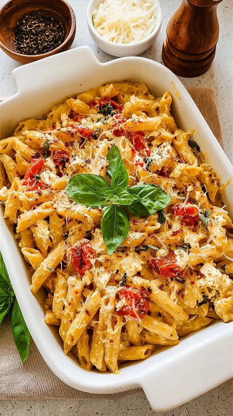 A creamy dish of baked feta pasta with burst cherry tomatoes and fresh basil