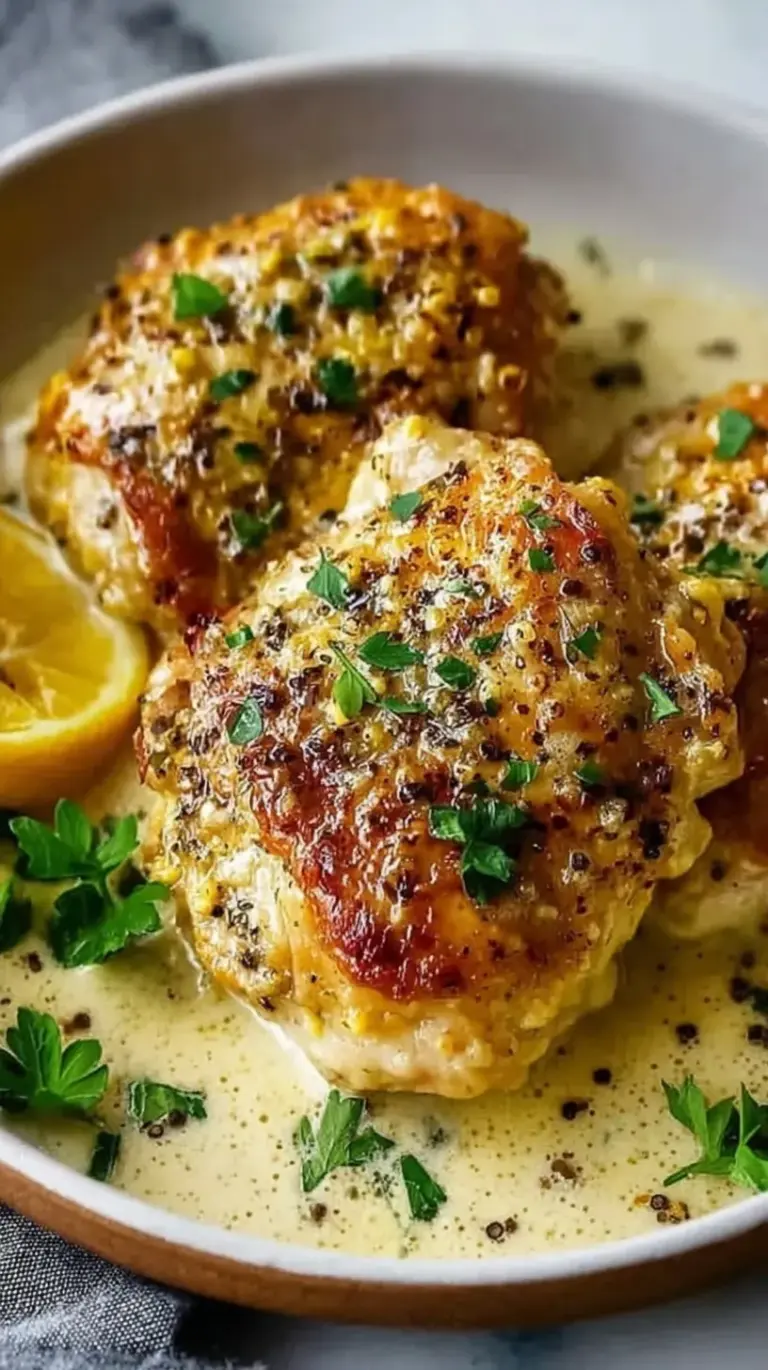 Tender baked chicken breasts coated in a creamy Greek yogurt and Parmesan topping in a baking dish.