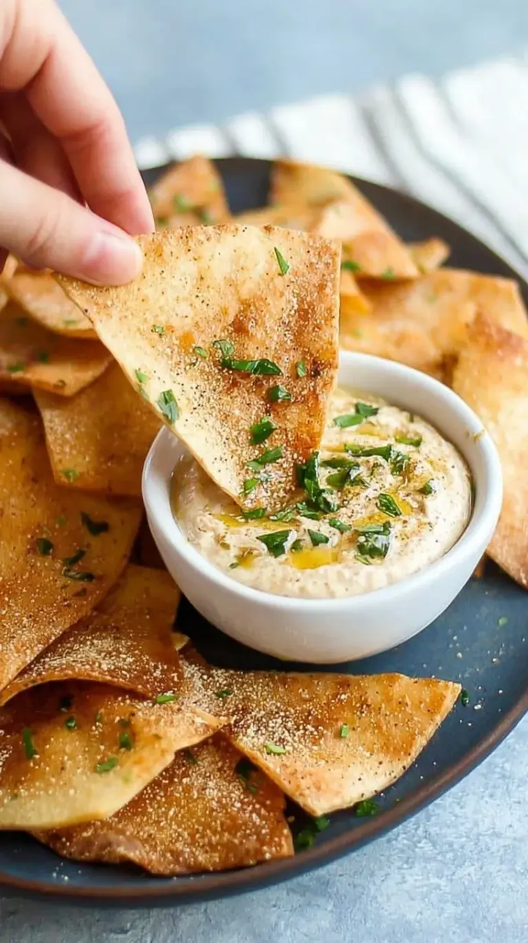 Golden brown baked pita chips seasoned with herbs on a parchment lined baking sheet
