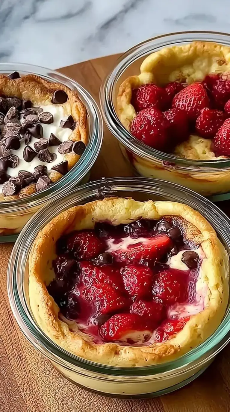 Six golden brown baked protein pancake bowls topped with fresh blueberries in ramekins.