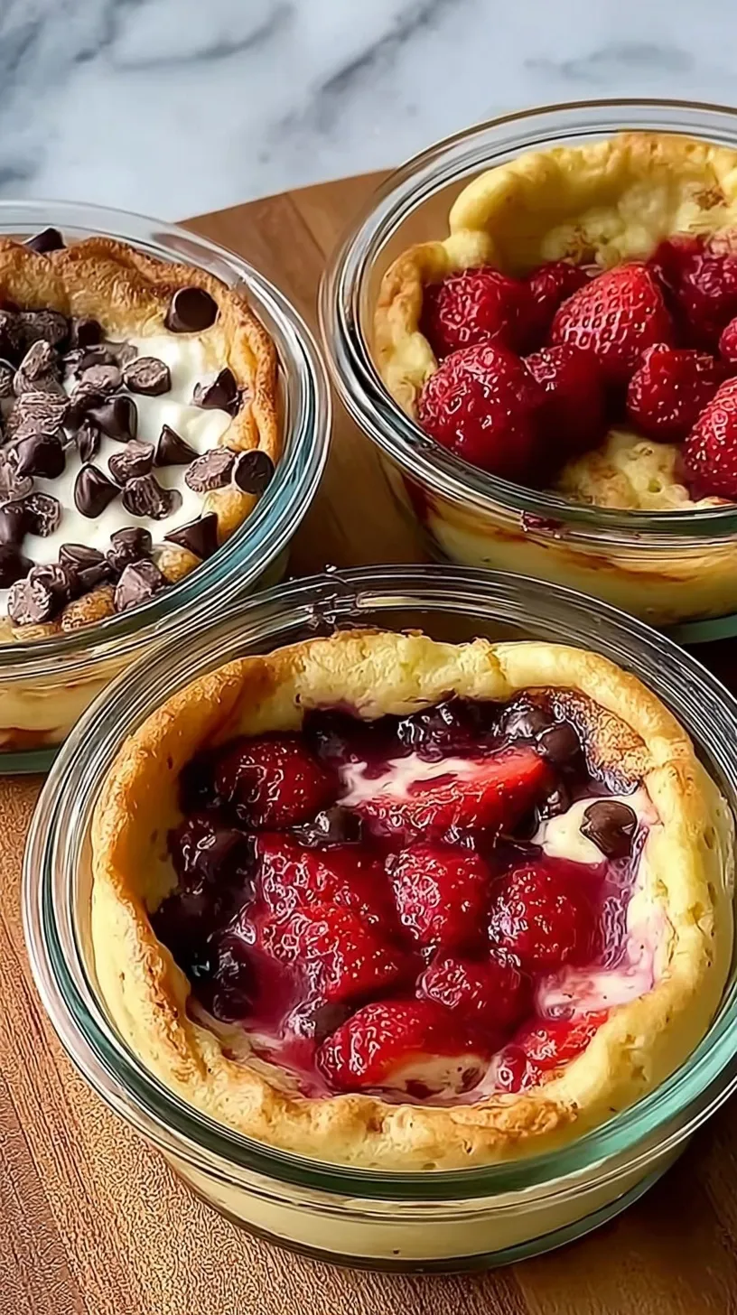 Six golden brown baked protein pancake bowls topped with fresh blueberries in ramekins.