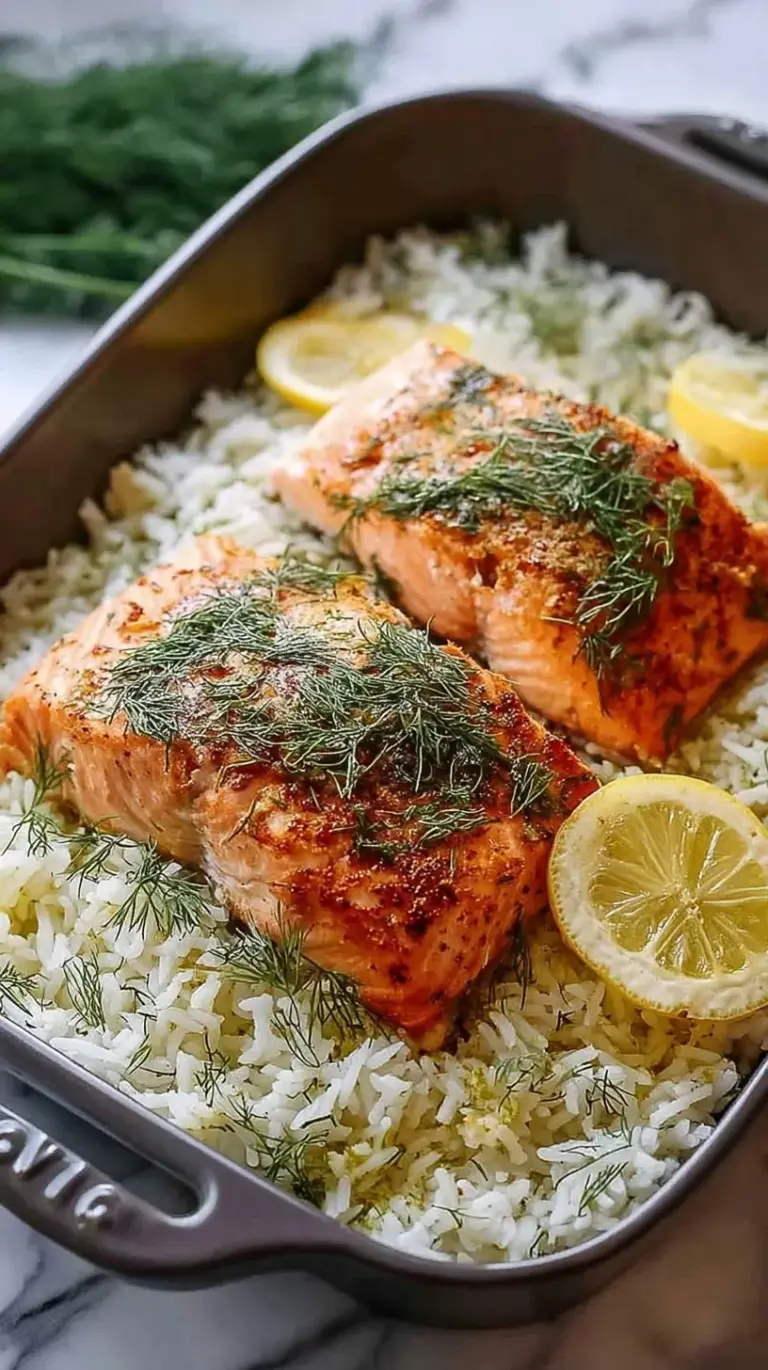 Flaky oven-baked salmon fillets topped with lemon slices resting on a bed of aromatic green dill rice.