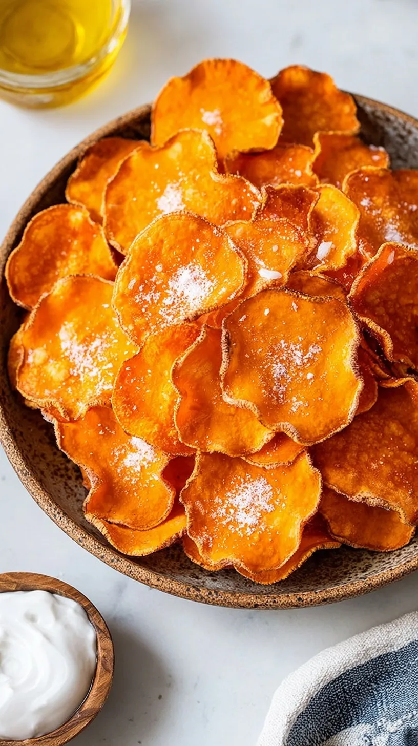 A bowl of crispy, golden-brown baked sweet potato chips seasoned with smoked paprika and sea salt.