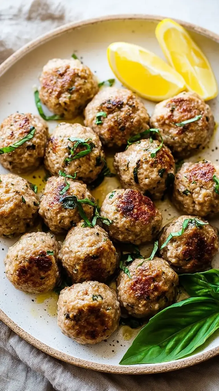 A tray of golden-brown baked turkey meatballs garnished with fresh herbs