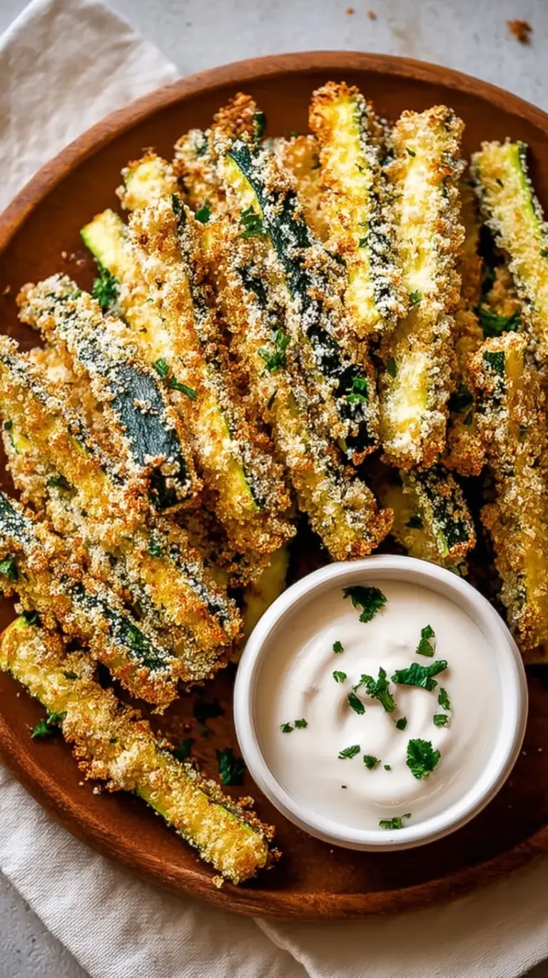 A platter of golden brown, crispy baked zucchini fries served with a side of marinara dipping sauce.