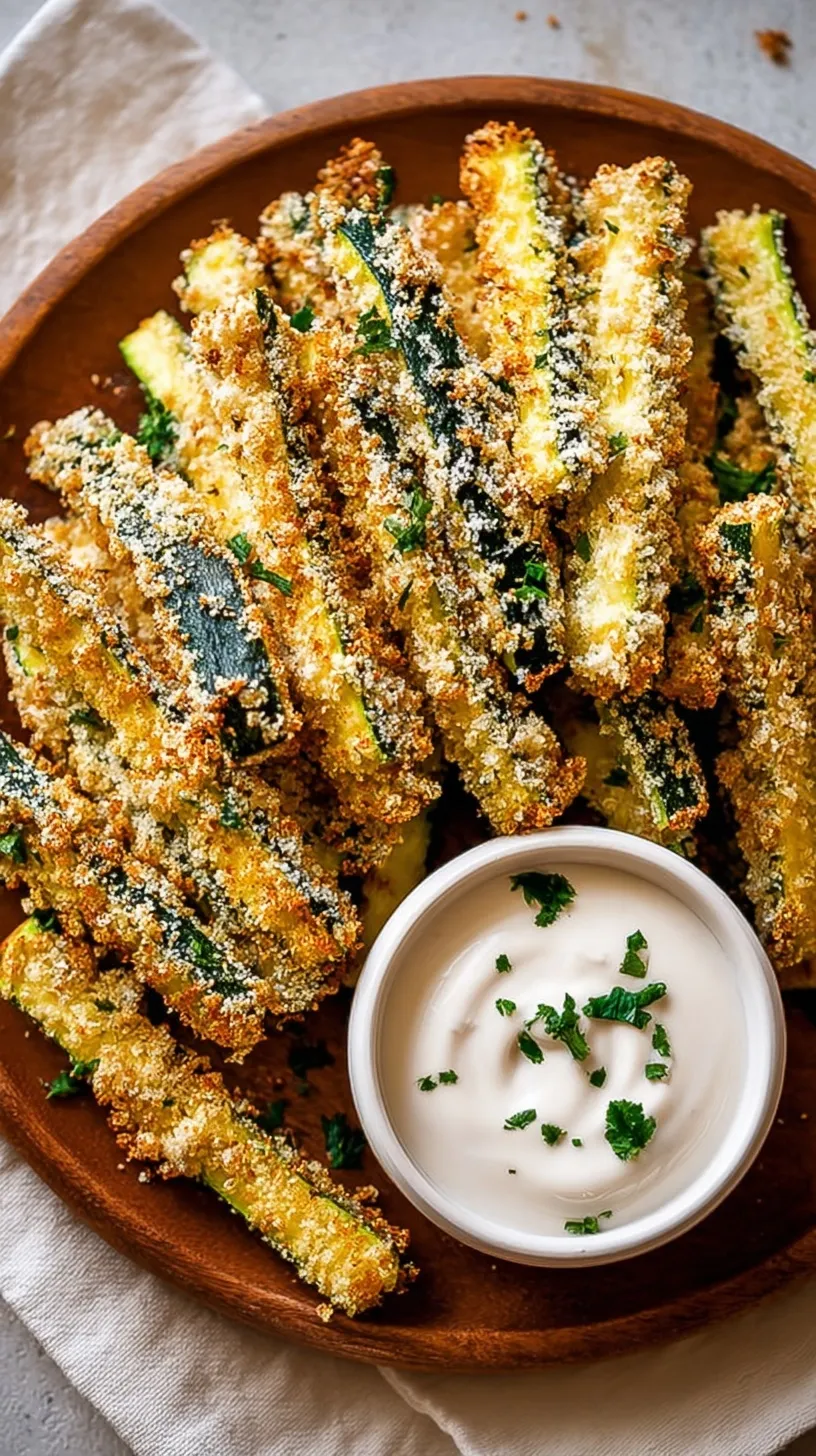A platter of golden brown, crispy baked zucchini fries served with a side of marinara dipping sauce.