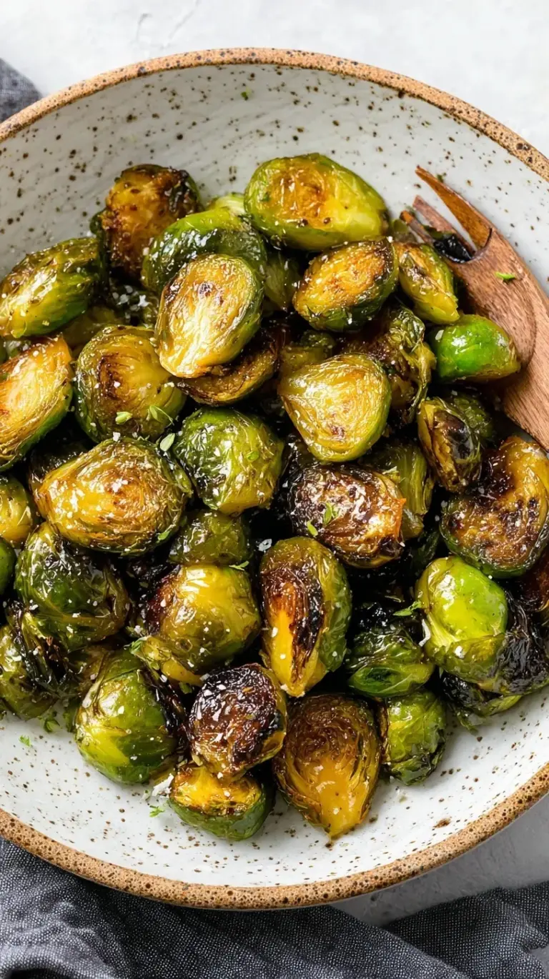 Crispy charred Balsamic Roasted Brussels Sprouts on a baking sheet with a honey balsamic glaze