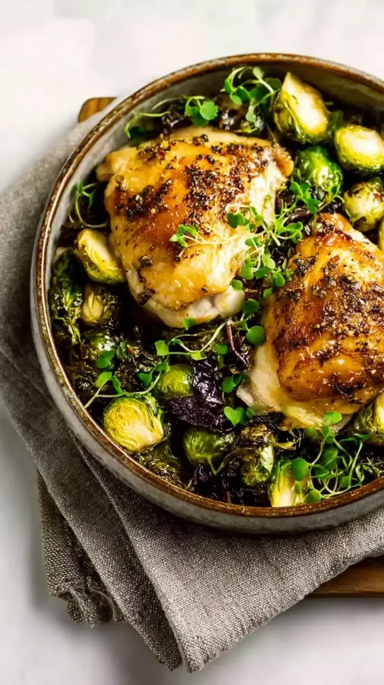 Close up of glazed Balsamic Roasted Chicken thighs and charred Brussels sprouts on a sheet pan