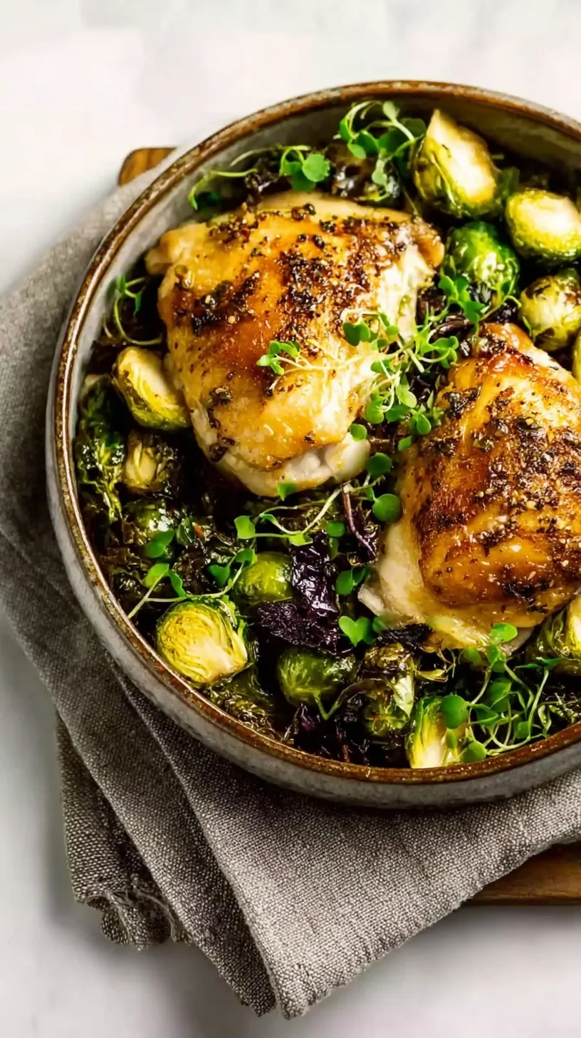 Close up of glazed Balsamic Roasted Chicken thighs and charred Brussels sprouts on a sheet pan