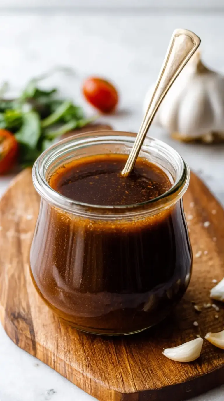 A glass jar of freshly whisked balsamic vinaigrette with a whisk and fresh salad greens in the background