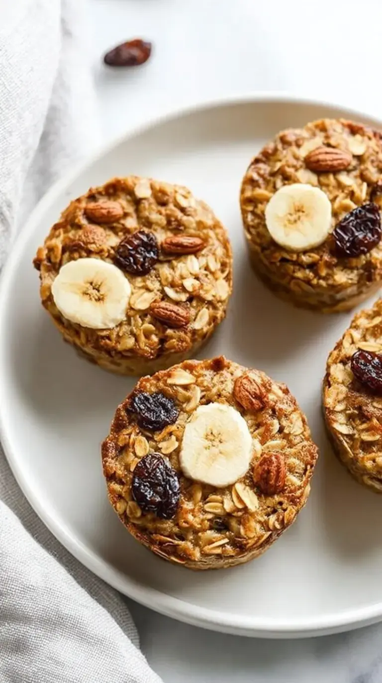 A stack of golden brown banana baked oatmeal cups with melted chocolate chips on a wire cooling rack.