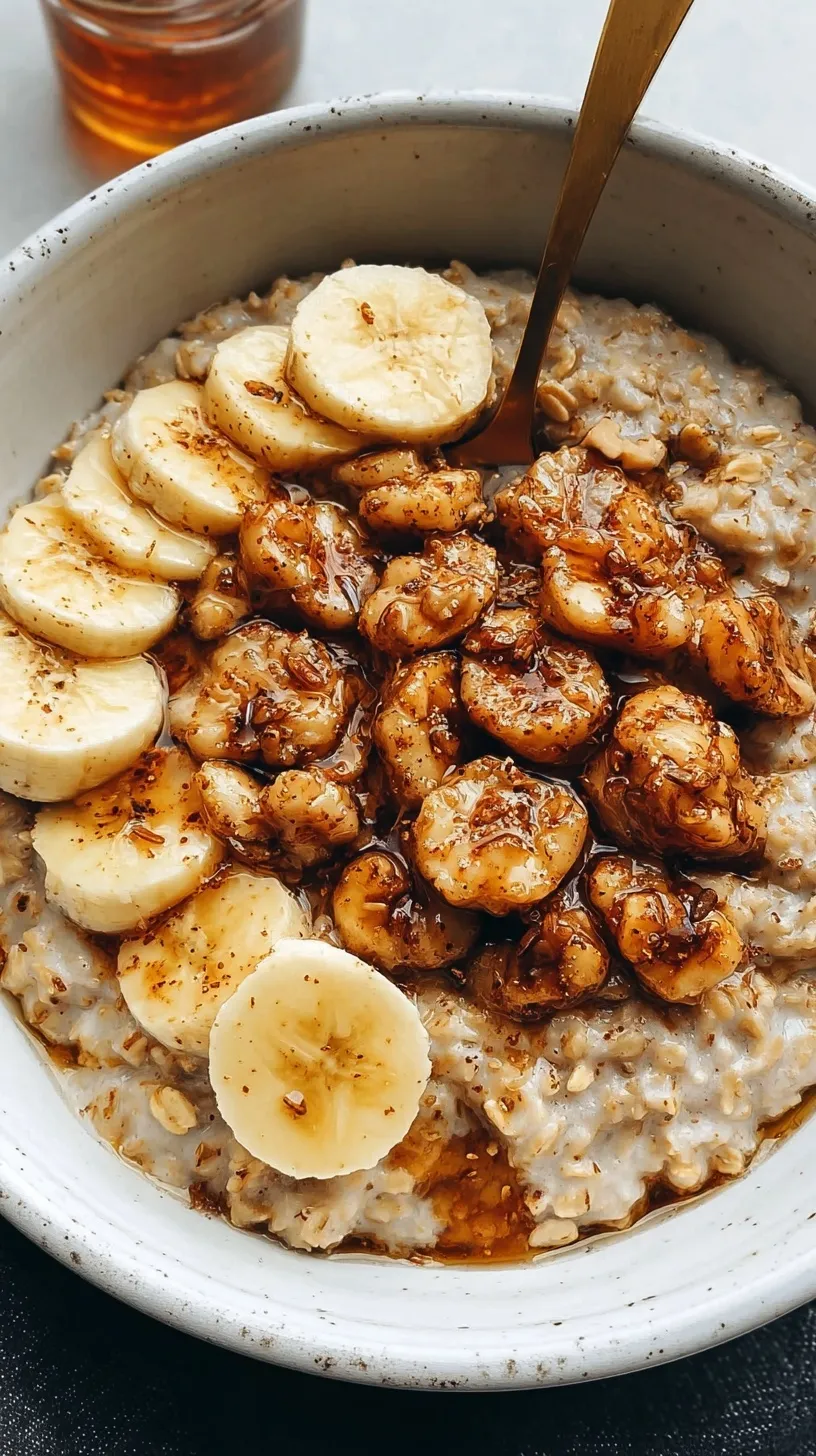 A bowl of creamy banana bread oatmeal topped with toasted walnuts and sliced bananas.