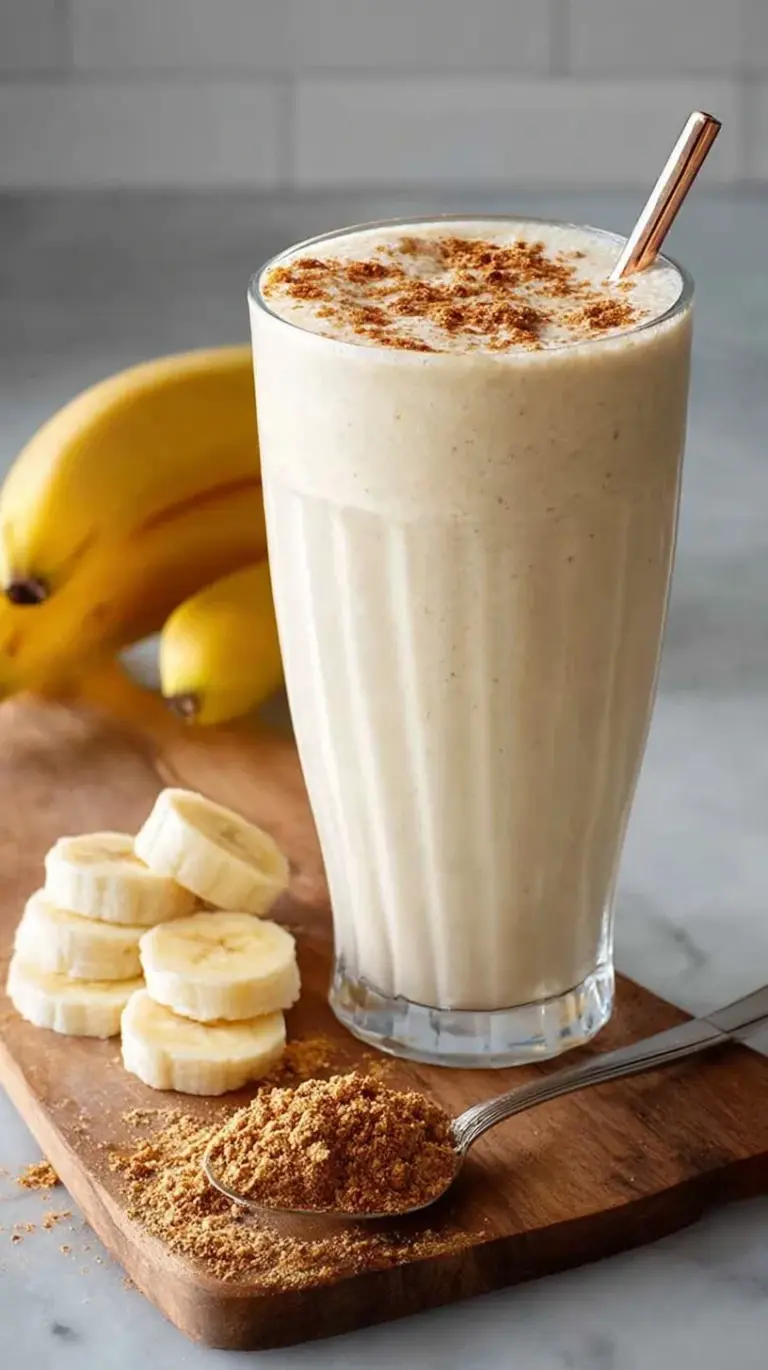 Creamy banana bread protein shake in a tall glass with a sprinkle of cinnamon on top