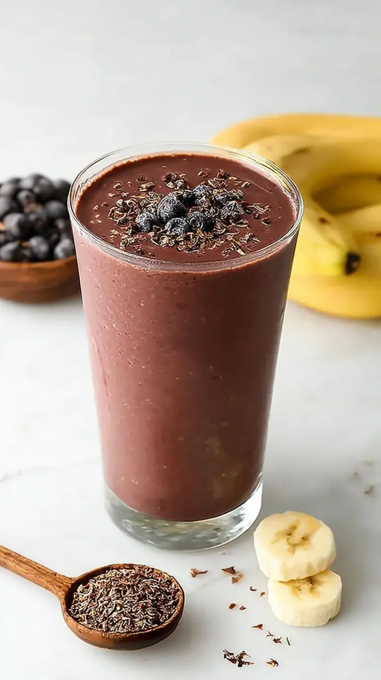A creamy chocolate-colored banana cacao smoothie in a glass with almond butter swirls