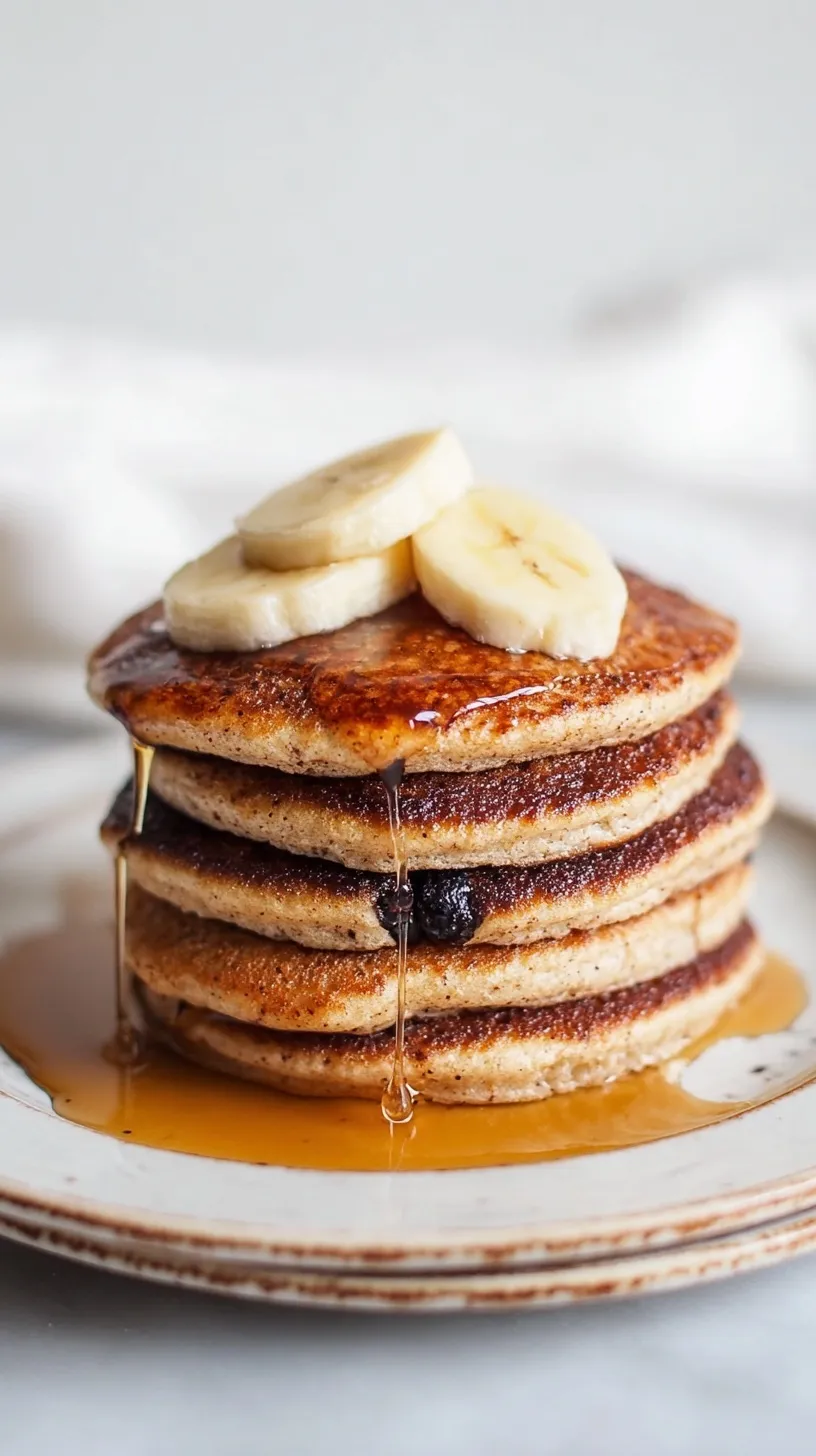 A stack of golden brown banana cottage cheese pancakes topped with sliced bananas and maple syrup