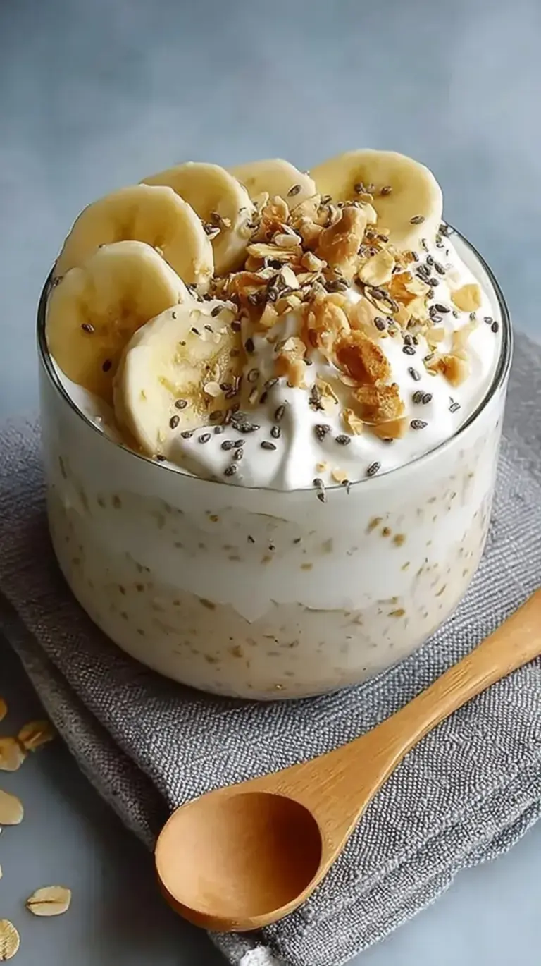 A glass jar filled with creamy banana cream pie overnight oats topped with fresh banana slices and graham cracker crumbs.