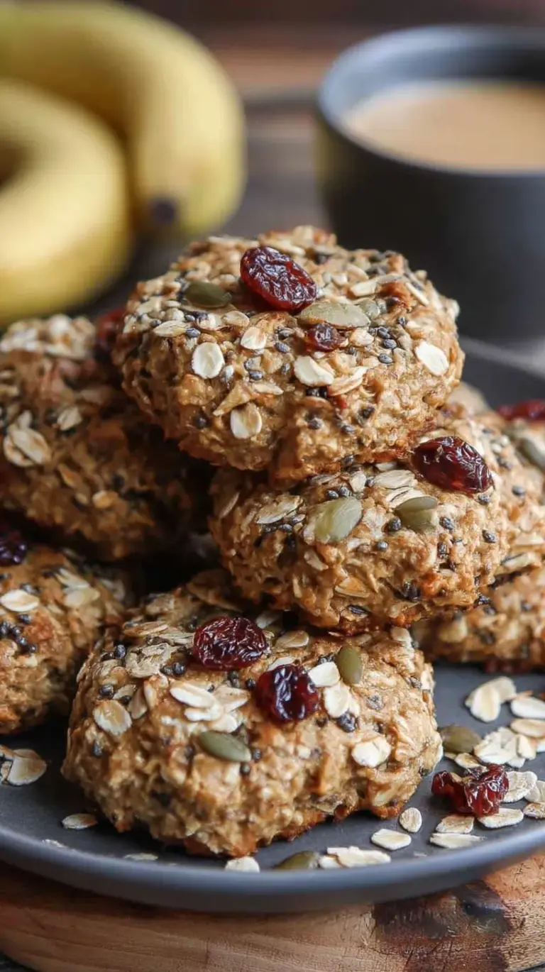 A stack of banana oatmeal protein cookies with chocolate chips on parchment paper