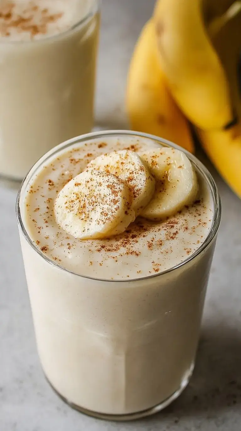 A creamy yellow banana smoothie in a tall glass with a straw on a bright kitchen counter.