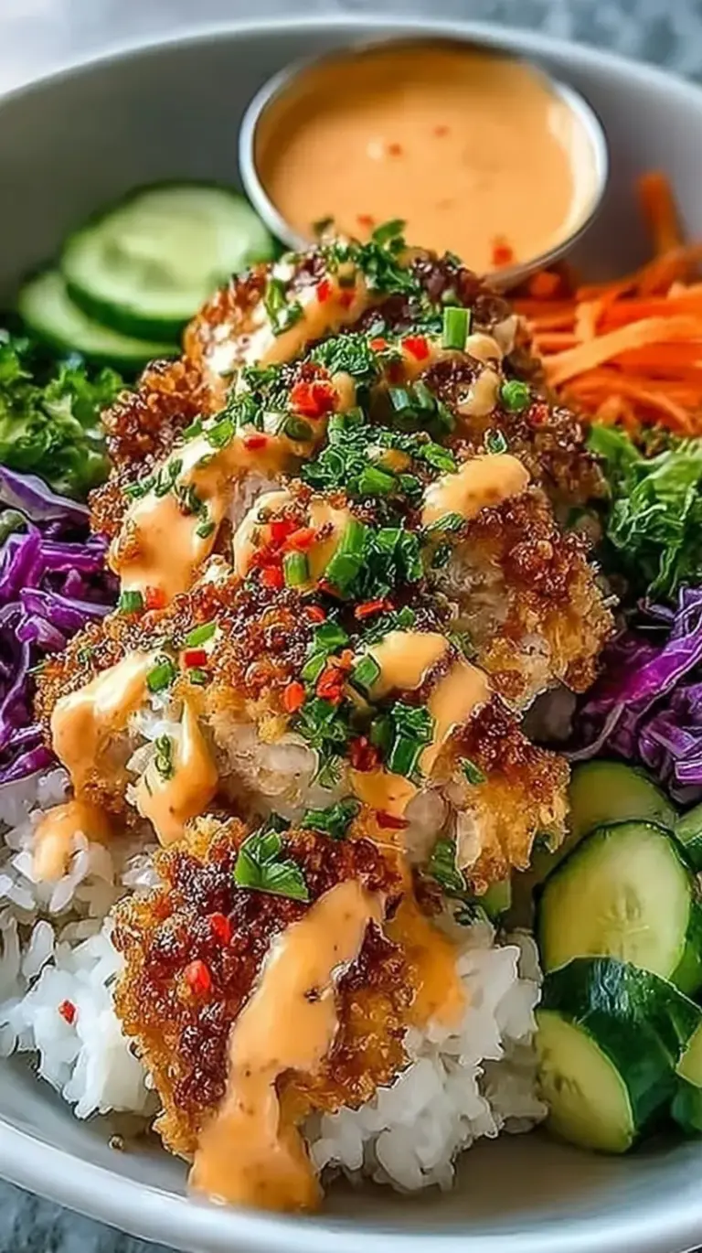 A bowl of crispy Bang Bang Chicken over jasmine rice with cucumbers and carrots.