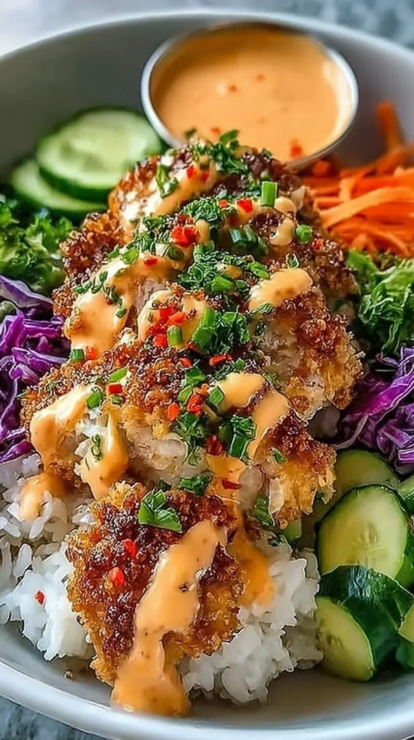 A bowl of crispy Bang Bang Chicken over jasmine rice with cucumbers and carrots.